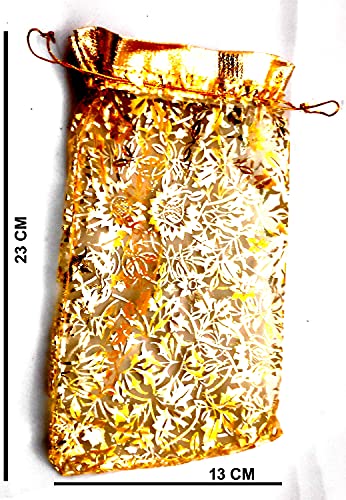Image of 6 Inch x 8 Inch Net Fabric Drawstring Pouch for Dry Fruits Packing, Organza Shagun Potli, Bags for Return Gifts Pack, Pouches For Jewellery (Pack of 100, Gold)