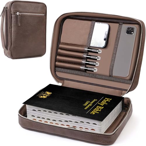 Bible Case for Men Vegan Leather Bible Cover with Durable Handle and Zippered Pocket Carrying Bag for Church and Prayer Meetings Fathers Day Christian Gift for Dad