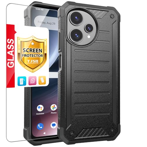 TJS Compatible with Cricket Icon Pro 2026 Case AT&T Motivate Pro 2 5G Case with Tempered Glass Screen Protector Dual Layer Premium Tough Lined Design Hybrid Shockproof Heavy Duty Phone Case (Black)