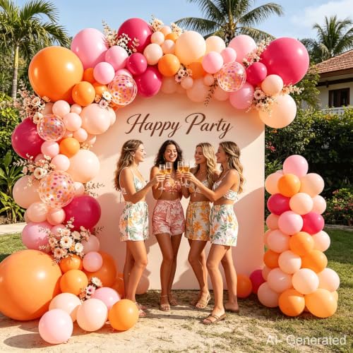 Image of Hot Pink Orange Balloons Arch Kit, Latex, Confetti, Party Decor | Pastel /Light Orange Pink and Hot Pink Balloon Garland, for Birthday Wedding Hawaiian Beach Party Decorations