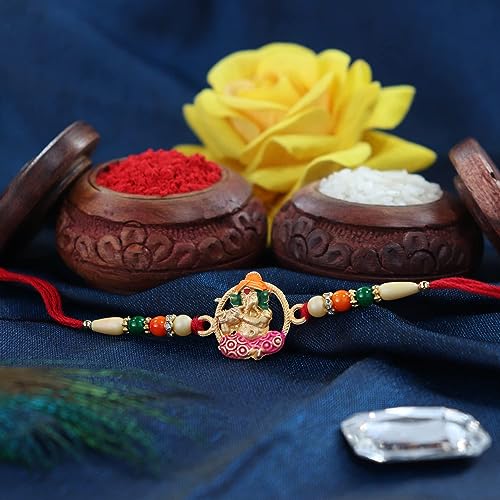 Image of DeoDap Multicolor Idol Ganesh Roli Chawal Gift Rakhi with Chocolate Beats 32gm, Silver Pooja Coin, Tilak Set, Greeting Card - Rakhi Gift for Brother