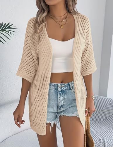 Image of Zeagoo Lightweight Summer Cardigan for Women Short Sleeve V Neck Crochet Kimonos Loose Open Front Hollow Out Cover Ups