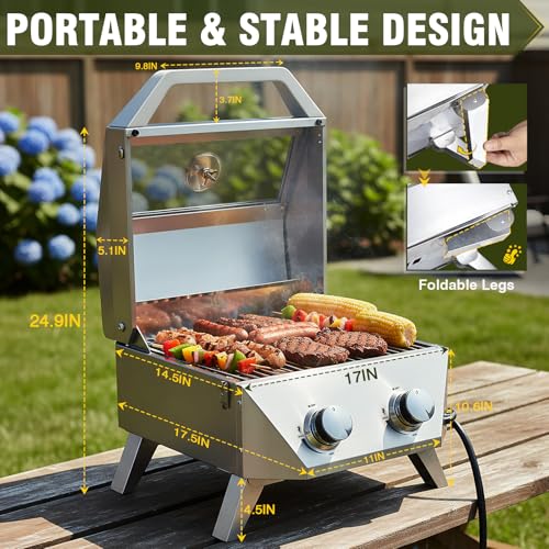 Image of BESTFIRE Tabletop Gas Grill with 2 Burners & Viewing Glass Lid, 20,000 BTU Stainless Steel Portable BBQ Grill with Thermometer, Push-Button Ignition for Outdoor Patio, Camping, RV, Tailgating