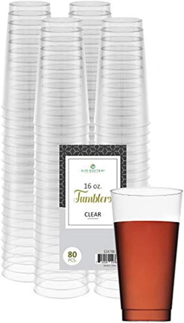 Clear Disposable Plastic Cups 16 Oz. Pack Of (80) Fancy Hard Plastic Cups - Party Accessories - Wedding - Cocktails- Tumblers