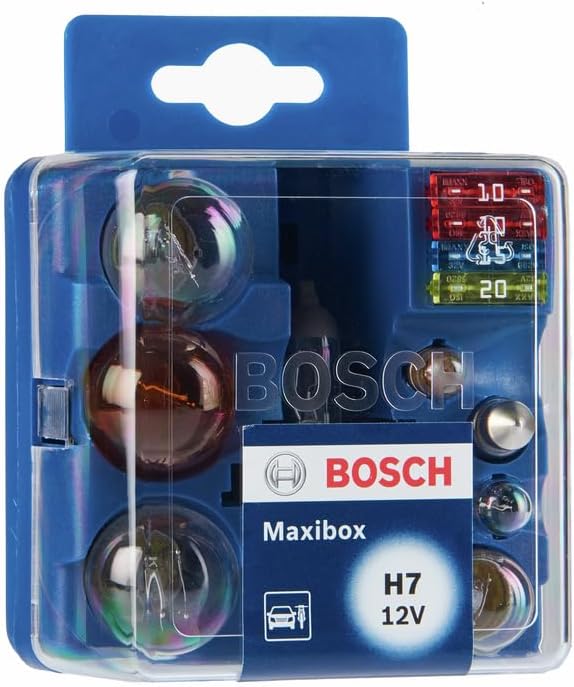 Bosch H7 Maxibox, Juego de Bombillas Halógenas para Faros Delanteros y Lámparas de Coche, 12 V - Casquillo Tipo PX26d - Caja de Recambio que Contiene las Bombillas y Fusibles Más Importantes