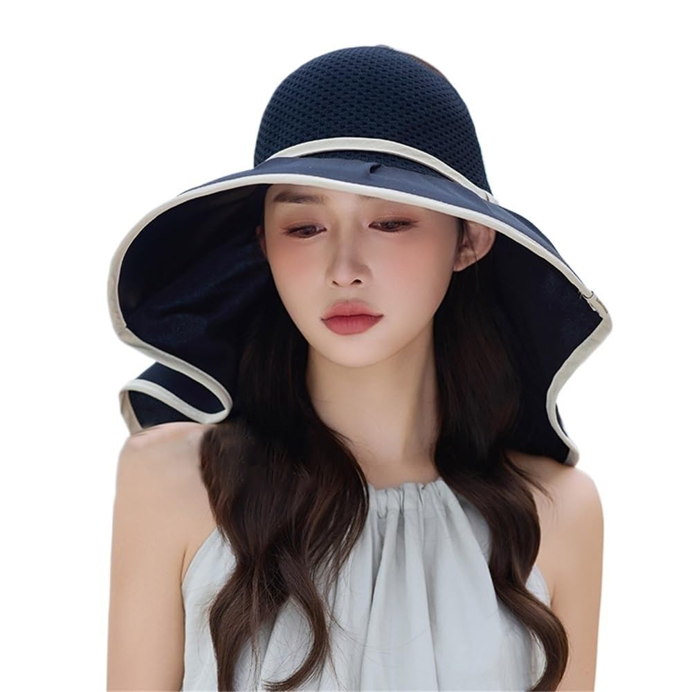Chapeau de soleil femme large bord anti-UV noir - Visière avec rabat de cou de randonnée