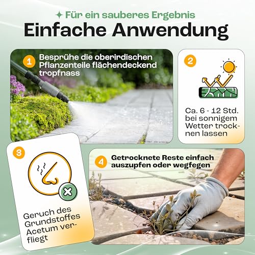 Treufix Konzentrat zur Unkrautentfernung Grundstoff Acetum (Essigsäure) Ohne Glypohosat zur Unterstützung bei Unkrautbeseitigung auf Pflastersteine, Gartenwege, Terrasse & Einfahrt 5L - Made in DE