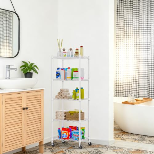Image of REGILLER 5-Wire Shelving Metal Storage Rack Adjustable Shelves,Standing Storage Shelf Units for Laundry Bathroom Kitchen Pantry Closet(White,11.8 inch D x 16.6 inch W x 53.5 inch H,With Wheels)