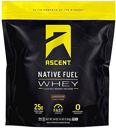 Ascent Native Fuel Whey Protein Powder - Post Workout Whey Protein Isolate, Zero Artificial Ingredients, Soy & Gluten Free, 5.7g BCAA, 2.7g Leucine, Essential Amino Acids, Chocolate 4 lb