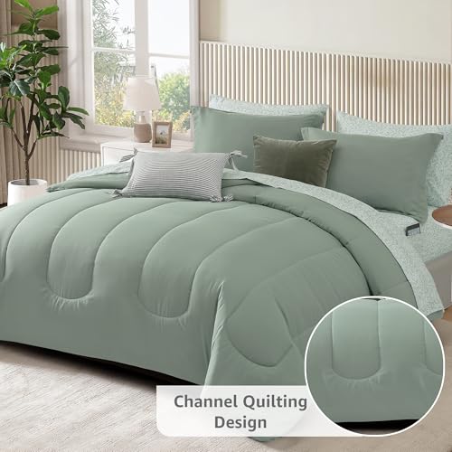 Image of Monbix Queen Comforter Set - 7 Pieces Sage Green Bed in a Bag Queen Track Stitching Bedding Sets, All Seasons Comforter Bed Set with Sheets, Pillowcases & Shams