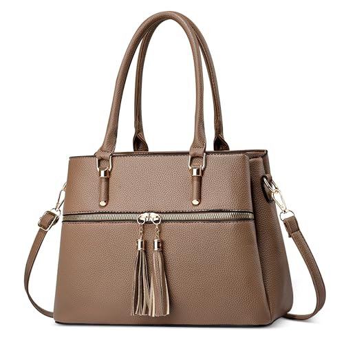 Moda Donna Borsa a Mano Medie PU Pelle Satchel Tote Borse con Manico Multitasca a Tracolla per Viaggio Shopping Lavoro Vacanza Casuale Messenger Cachi