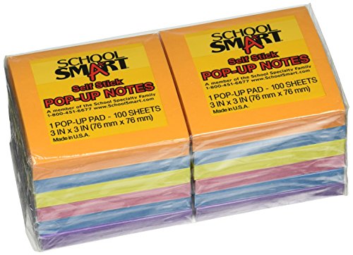 School Smart Self-Stick Adhesive Note, Assorted Bright Colors, 100 Sheets per Pad, Pack of 12