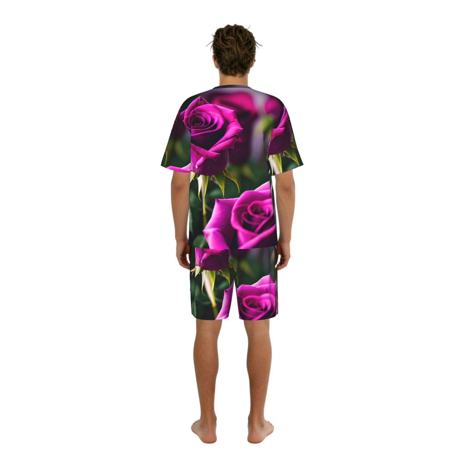 Conjunto de pijama clásico con estampado de rosas moradas para hombre, pantalones cortos de pijama suaves para hombre, perfecto para las noches de verano