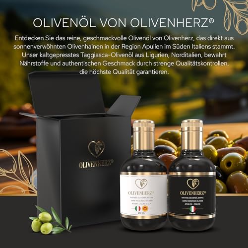 Olivenherz® | Italienisches Olivenöl | Natives Olivenöl Extra | Premium Qualität | Geschenkset & Probierset | 100% Sortenrein aus Coratina & Taggiasca Oliven | 2 x 250 ml Glasflaschen