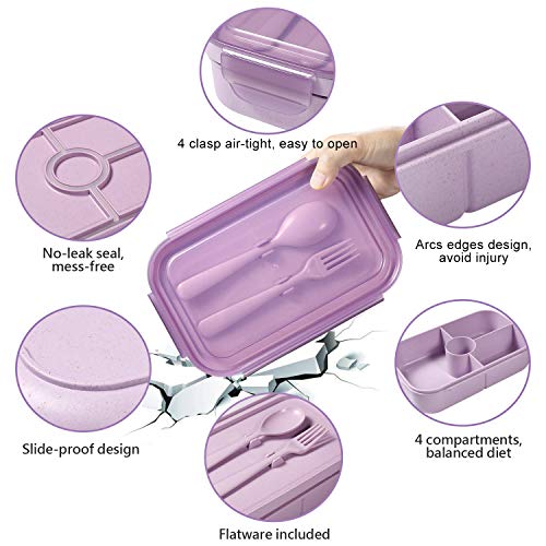 Jeopace Bento Box For Kids Lunch Containers With 4 Compartments Kids Bento Lunch Box Microwave/Freezer/Dishwasher Safe (Flatware Included,Light Purple) #TOP2