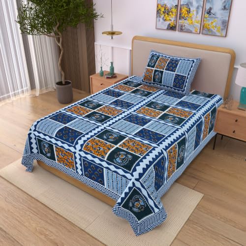 Image of 100% Cotton Single Bedsheet with 1 Pillow Cover | 240 TC Pure Cotton Flat Bed Sheet | Traditional Jaipuri Printed Bedding Set | Soft & Breathable | 60 x 90 Inch (Rangmahal Single 64)