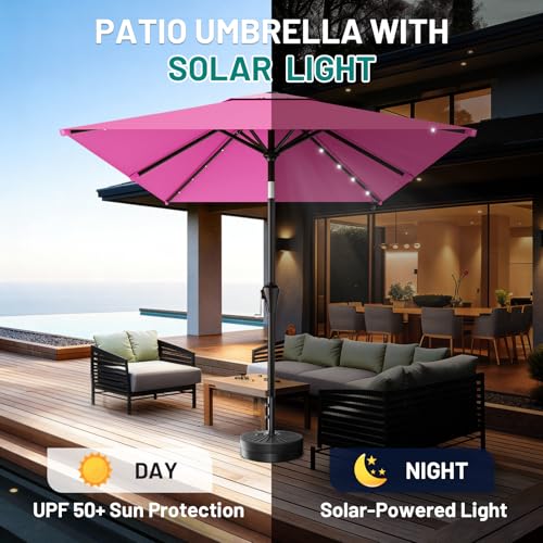 Image of AreShark 6.5' x 10' Rectangular Patio Umbrella with Solar Lights, Solar Powered Lighted Market Umbrella w /Tilt and Crank, Outdoor Table Umbrella for Garden, Deck, Backyard, Pool and Beach, Rose Pink