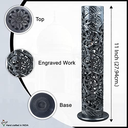 Crocon Handmade Black Marble Soapstone Incense Stick Burner Round Shape Elephant & Leaf Design Tower Burner | Candle Stick Holder | Decorative Home & Kitchen Best Gift Size - Lxwxh (7X7X26) Cm #TOP4