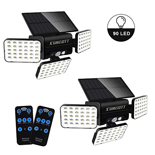 SUMGOTT Luz solar para exteriores con control remoto, luz de seguridad con sensor de movimiento, foco LED 90, luz de pared a prueba de agua IP65, adecuada para balcón, jardín, terraza, patio (2PCS)