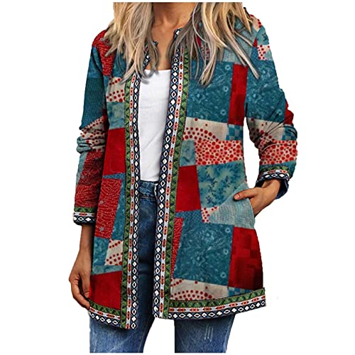 NZYIHAO Chaqueta vintage para mujer, chaqueta larga de entretiempo, tallas grandes, multicolor, chaqueta de otoño con frente abierto, chaqueta de punto de manga larga, abrigo de entretiempo, estilo