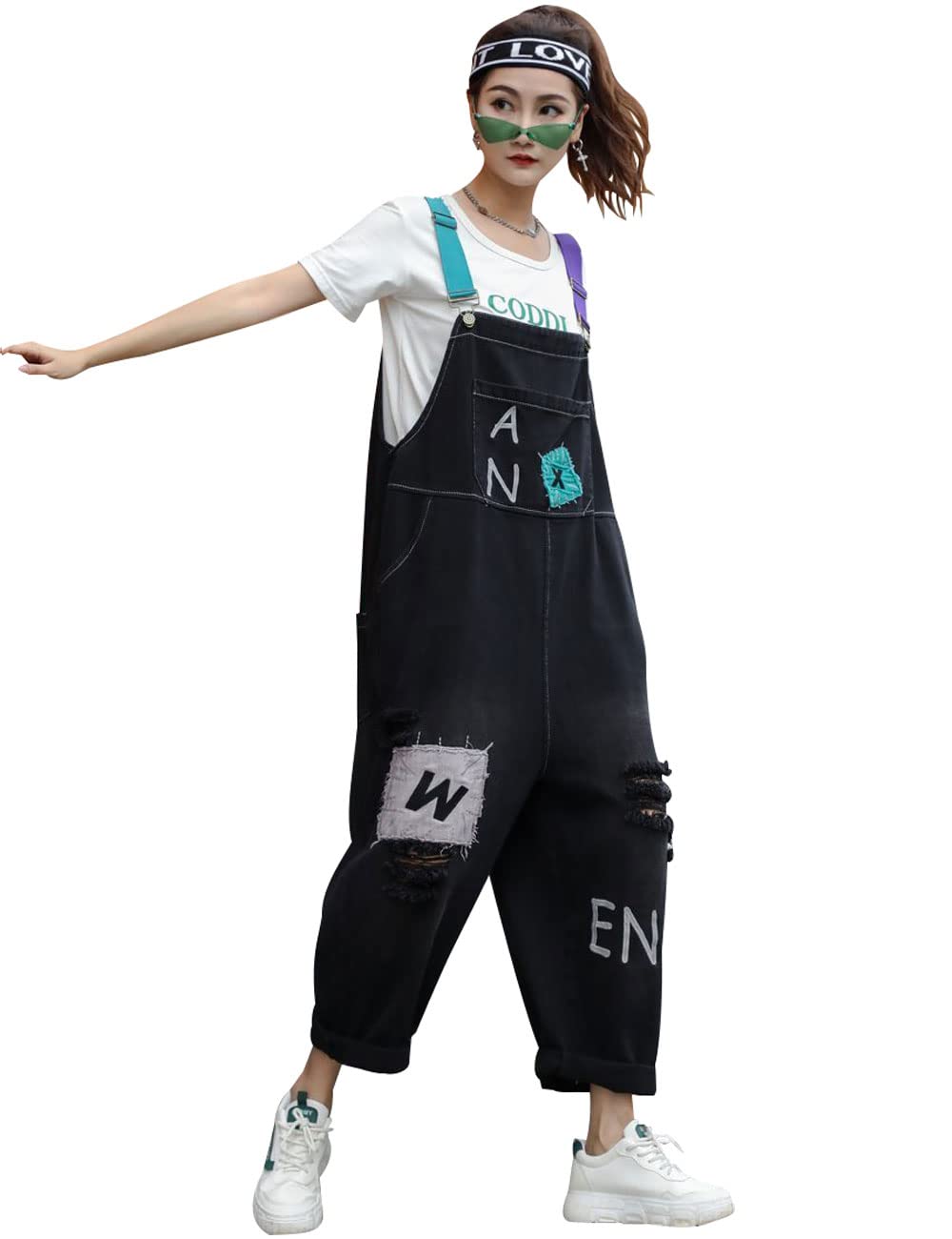 Mujer Vaqueros estampados Mono corto sin mangas de peto Mono de mezclilla