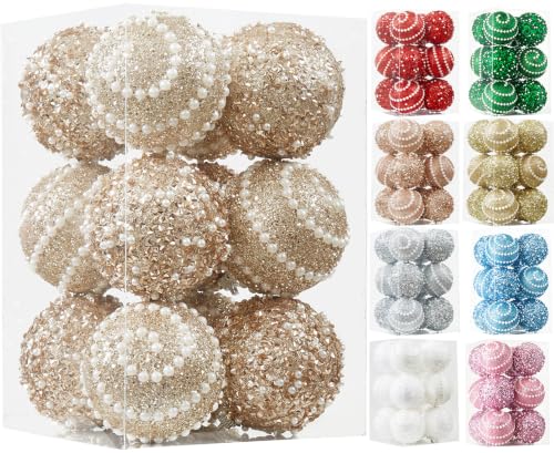 Champagne Gold Christmas Ball Ornaments,12ct Christmas Tree Shatterproof Plastic Hanging Sequin Xmas Balls for Festivals Holiday Party Decorations(70mm/2.76") - image 5