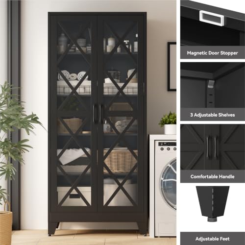 Image of 71 inch Tall Display Cabinet with Glass Doors, Farmhouse Metal Storage Glass Cabinet with 4 Adjustable Shelves, Black Vintage Tall Storage Cabinet for Collectibles,Curio, Books, Chinaware, Figures