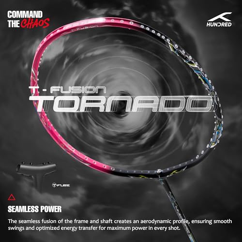 Image of Hundred T-Fusion Tornado Badminton Racket with Full Cover | ≤32 lbs | Performance Racket | Sturdy Frame & Smooth Swing | Offensive Shots & Fast Game