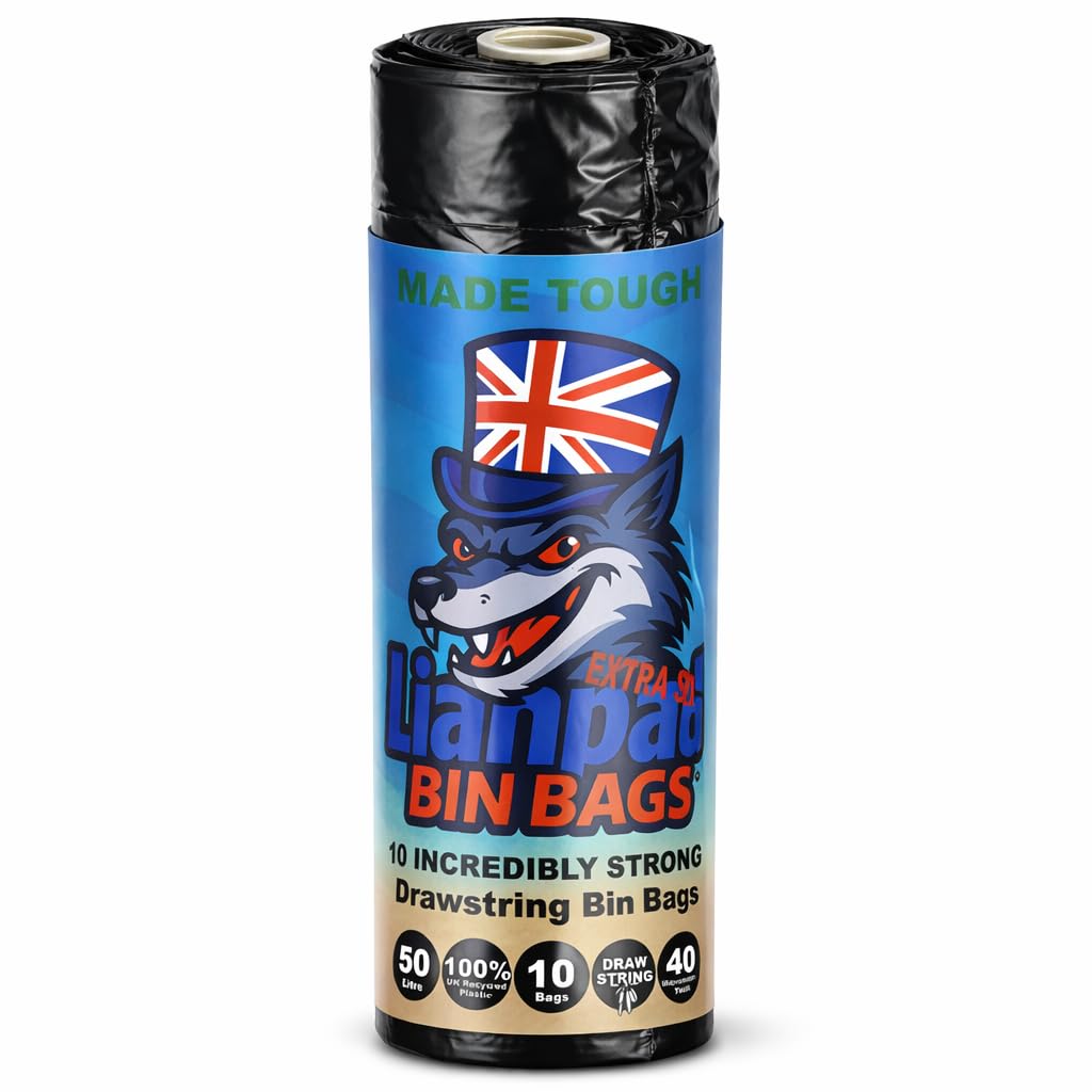 10pcs Lianpak Black Heavy Duty Extra Strong, Drawstring, 50L All-Purpose Large Refuse Sacks, Bin Bags, Bin Liners, Recycled, Tear Resistant, 40 Micron, Household, Kitchen, Commercial,10 Bags/Roll