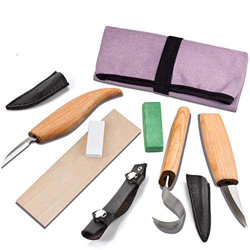 WAYCOM Wood Carving Tools Set,Whittling Wood Carving Kit for Spoon Carving 3 Knives in Tools Roll Leather Strop and Polishing Compound Sharpening Stone Hook Sloyd Detail Knife