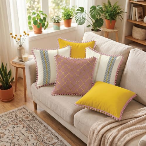 Image of Urban Space Cotton Cushion Cover Set of 5, 16 x 16 Inches, Decorative Throw Pillow Covers with Pom Pom, Printed Sofa Cushion Covers for Living Room, Home Decor (CC3, 40Cm x 40Cm, Set of 5)