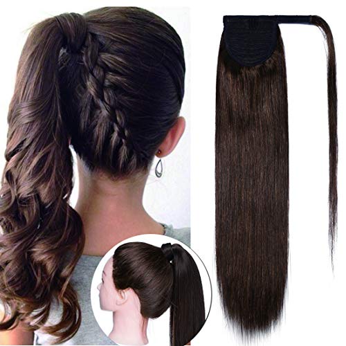 SEGO Wrap Around Ponytail Hair Extensions Human Hair Long Straight 100% Real Remy Hair Pony Tails Hair Extensions For Women #04 Medium Brown 20 inches 95g