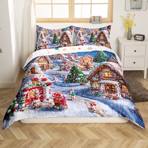 Dreamy Gingerbread Kingdom Duvet Cover King for Kids Boys Teens,Winter Xmas Cartoon 3 Pieces Duvet Cover (Not Comforter),Watercolor Gingerbread House Soft Comforter Cover,Girls Candy Land Quilt Cover