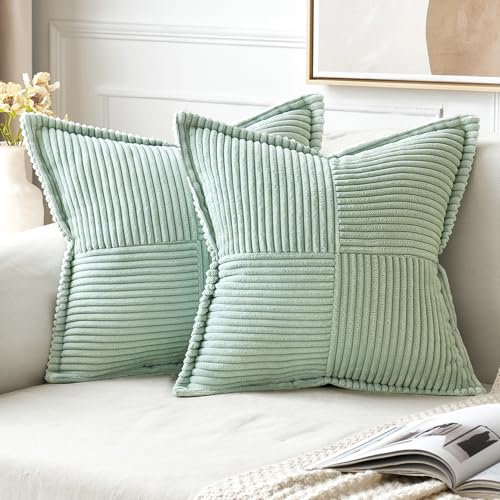 Image of MIULEE Decorative Throw Pillow Covers for Couch Bed Livingroom 18x18 Inch Set of 2 Mint Green Boho Accent Throw Pllows Broadside Striped Patchwork Soft Corduroy Summer Pillowcases