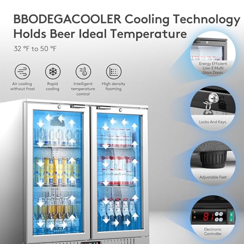 Image of BODEGA BODEGACOOLER Back Bar Cooler With 2 Glass Doors,7.4 Cu.Ft Stainless Steel Commercial Back Bar Fridgewith LED Lighting,Counter Height Bar Beverage Cooler for Beer,Soda Drinks,Wine