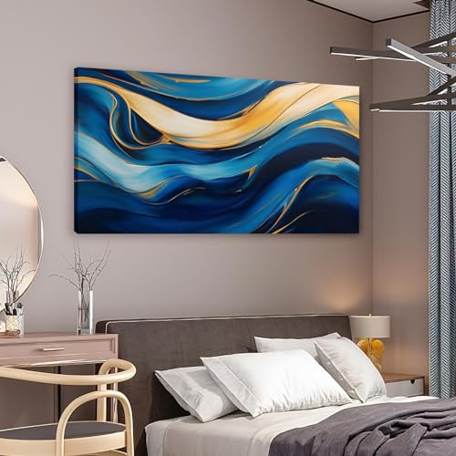 Toile murale dorée et bleue abstraite pour sublimer le design d'un salon chic