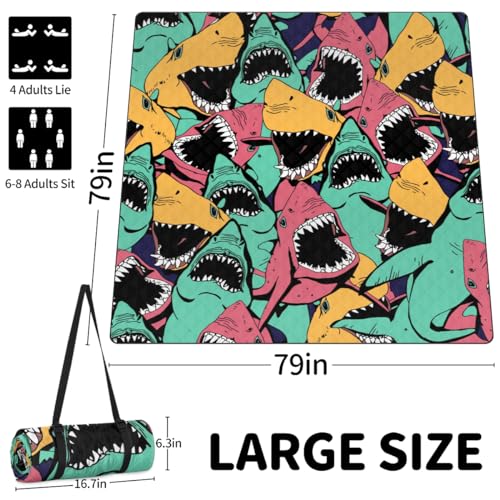 Shimoshe Extra Large Picnic Blankets 79”x 79”, Abstract Art Colorful Shark Waterproof Foldable Picnic Mat with Straps Portable Beach Blanket for Camping Park Grass Beach Indoor