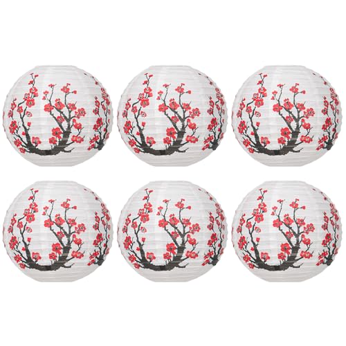 Image of 6 Pcs White Paper Lanterns Decorative 10x12 Inch, ZUEXT Cherry Blossom Hanging Round Chinese /Japanese Lantern for Festival Theme Birthday Party Wedding Home Yard Japanese Eateries Decor Oriental Style