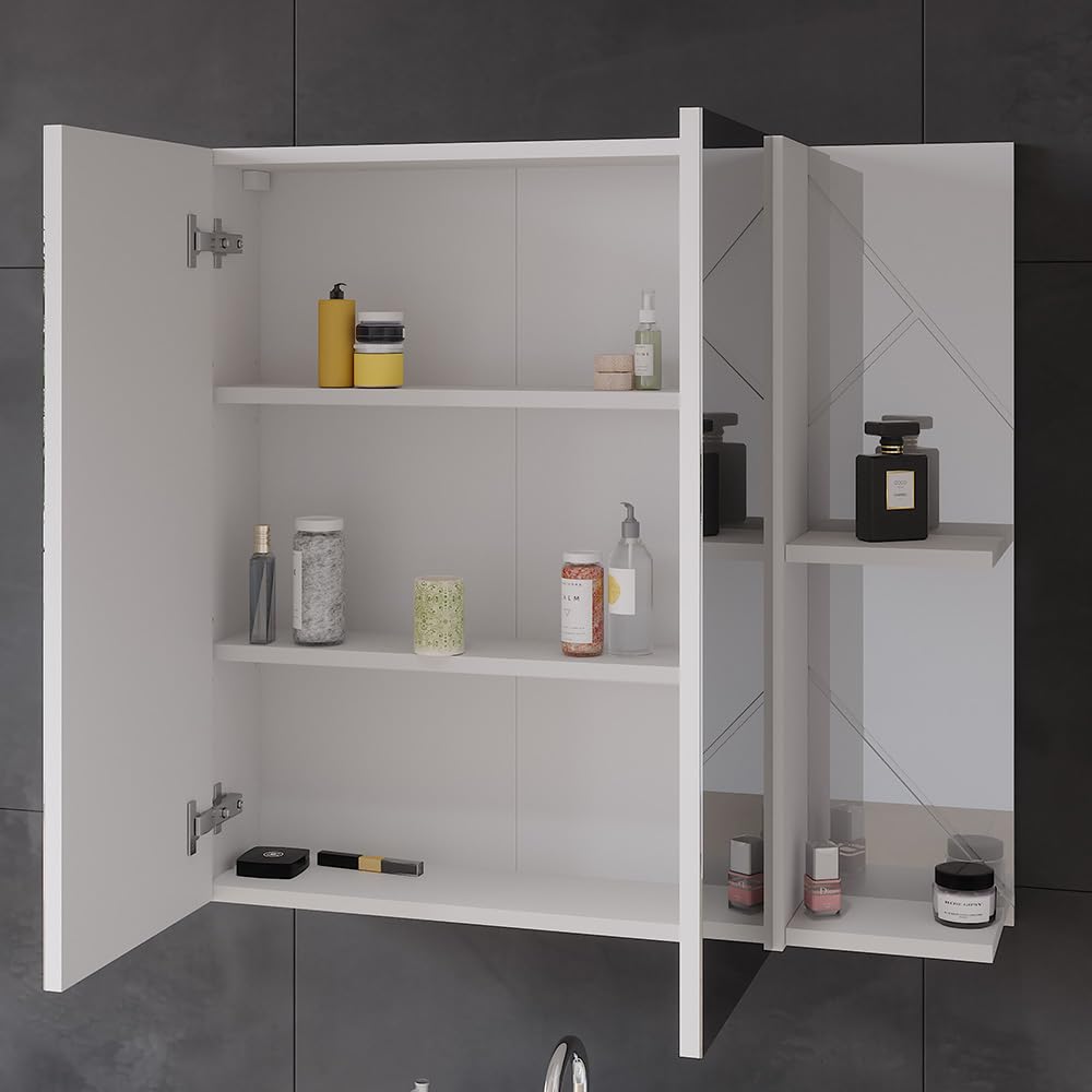 Vicco Mobile a specchio per il bagno Irma, Bianco/bianco lucido, 80 x 75 cm, per montaggio a parete con ripiani aperti e specchio