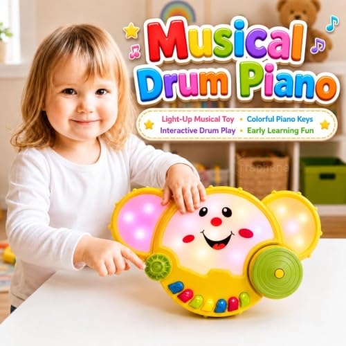 Image of GRAPHENE 2 in 1 Musical Drum Piano Educational Toy for Kids (1-3Year Old) Baby Toddlers Keyboard Flashing Lights Musical Drum Sound Songs Multicolor Instrument Fun Learning Toy Boys Girls