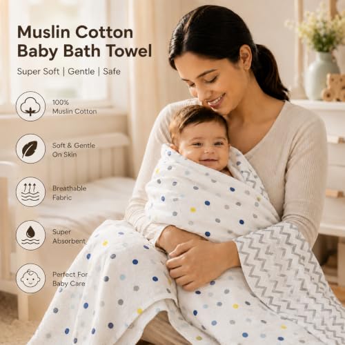 Image of Organic Cotton Muslin Pack of 2 Baby Bath Towel Cotton Cloth Premium Baby Washable, Reusable, Absorbent, Extra Soft 120 X 120 Cm Multi Dot & Grey Zigzag