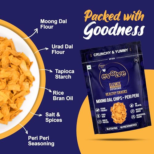 Image of Evolve Moong Dal Chips Healthy Snack for Adults | No Palm Oil, Gluten-Free & Preservative-Free, No Artificial Color or Sugar | Wholesome & Crunchy Snack | Peri Peri Flavor - 50g