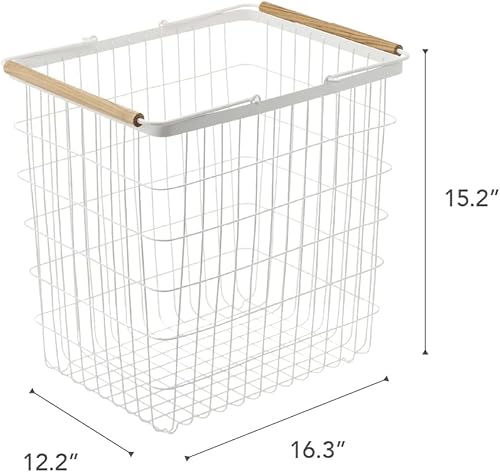 Miniatura 7 de YAMAZAKI Wire Home - Asas de madera  Acero + madera  Grande  Cesta de lavandería, color blanco