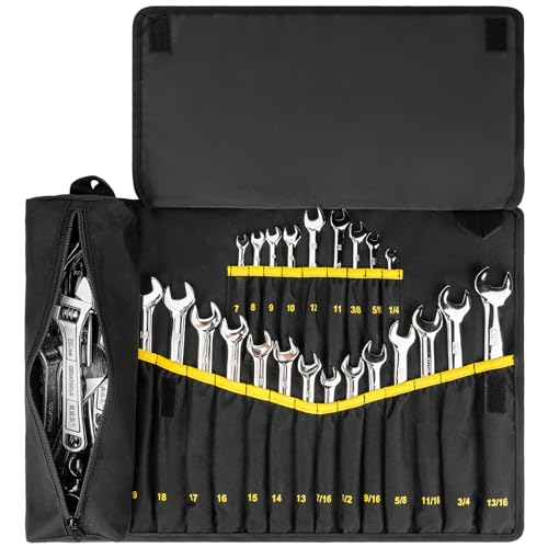 23+1 Pockets Wrench Roll Organizer Wrench Roll Up Pouch Heavy Duty Tool Roll for Metric & SAE Wrenches Large Wrench Holder Organizer Bag for Men Mechanics Gifts for Men Dad(Black) NO Tools