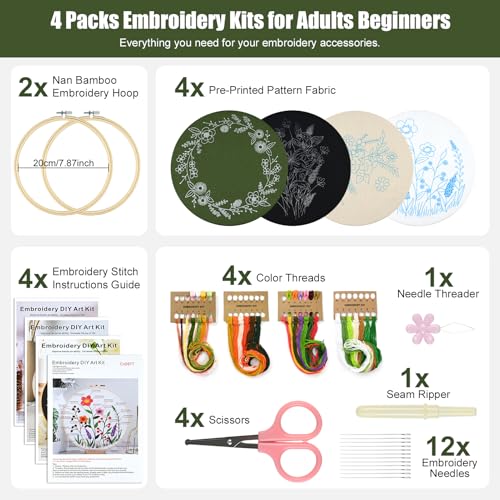 Image of 4 Pack Embroidery Kit for Beginners, Adults Cross Stitching DIY Starter Kits with Flower Printed Patterns, 2 Bamboo Embroidery Hoop, Color Threads, Needle Tool, Instructions, Gift for Hand Craft Lover