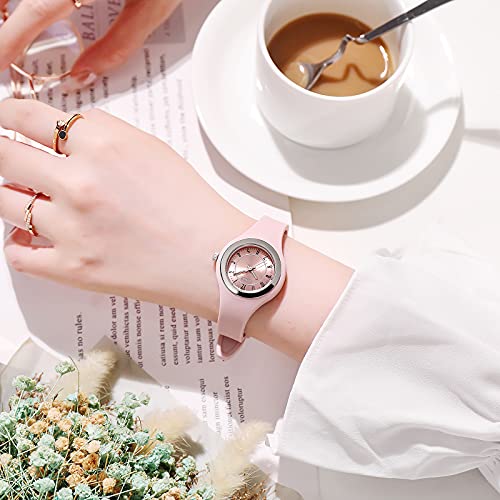 Fembw Fashion Casual Analog Quartz Wrist Watch For Teens And Adults, Silicone Strap With Needle Buckle (Pink) #TOP2