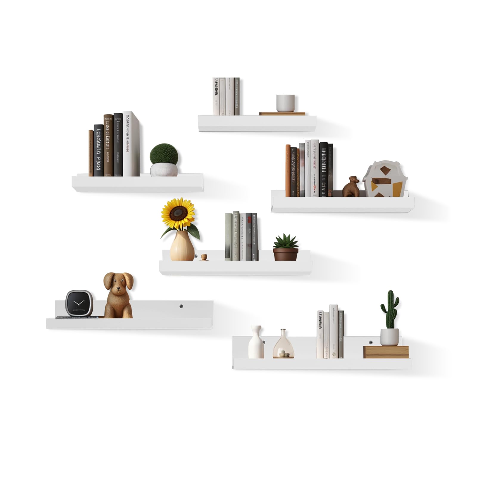 Juego de 6 estanterías flotantes de pared, color blanco, con 6 tamaños (27-40 cm), para habitación de los niños, salón, cocina, baño y dormitorio