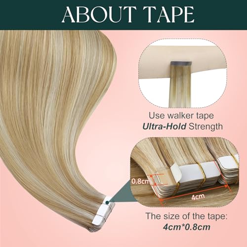 Image of Easyouth 24 Inch Tape in Extensions Real Human Hair Highlight Tape in Hair Extensions Human Hair Honey Blonde Highlight Blonde Hair Extension Tapes in Add Length 50g 20pcs