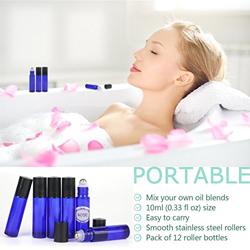 image for Mavogel 24,10ml Essential Oils Roller Bottles - Cobalt Blue, Glass wit