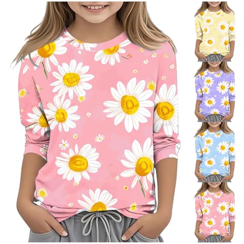 Girls Daisy Print 3/4 Sleeve Tops Crewneck Loose T-Shirts Dressy Casual 2025 Fall Blouse for Kids 3-12 Years2